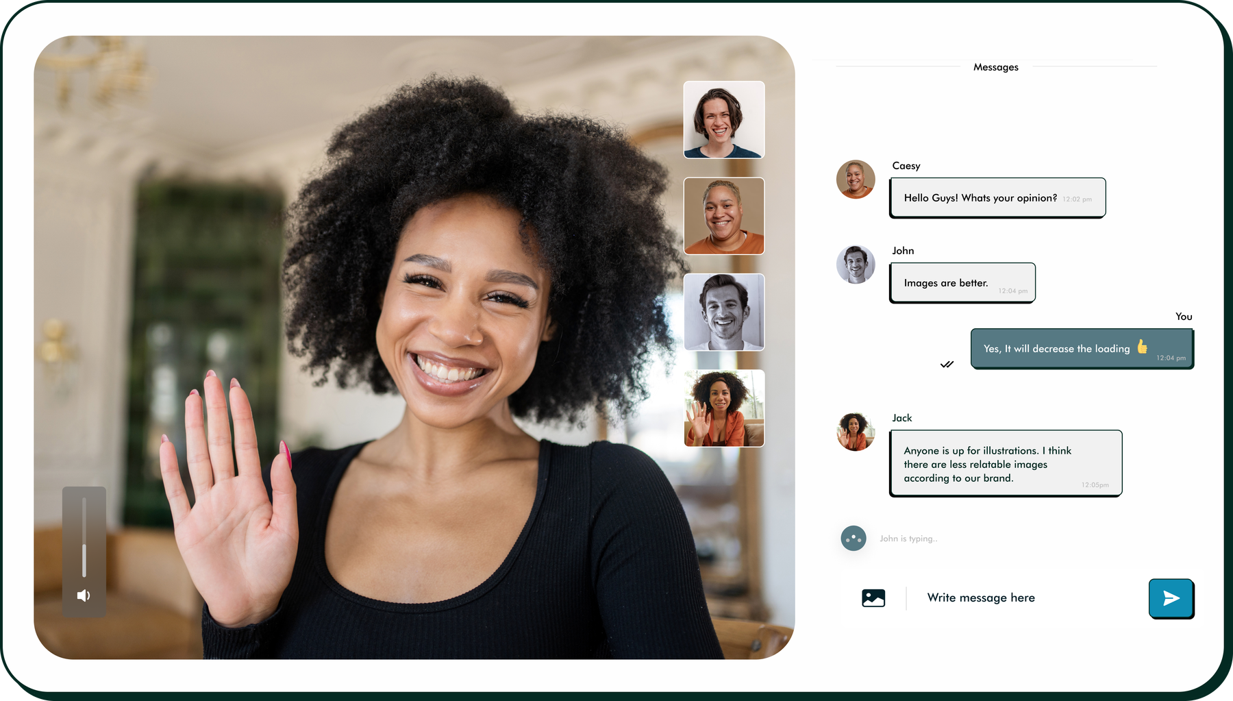 Syncory video meeting interface showing a participant waving on camera, video thumbnails of teammates, and a live chat panel